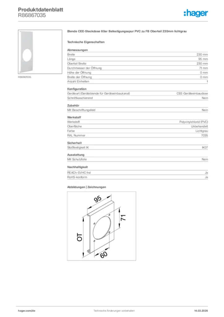 Bild Hager Produktdatenblatt R86867035 | Hager Deutschland