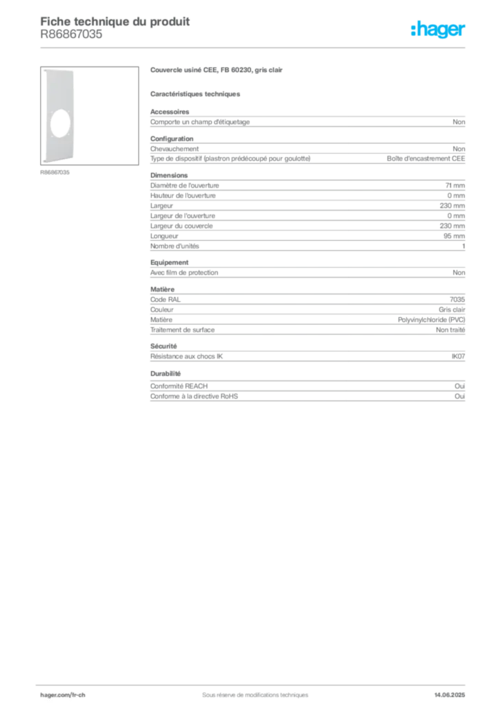 Image Hager Fiche technique du produit R86867035 | Hager Suisse