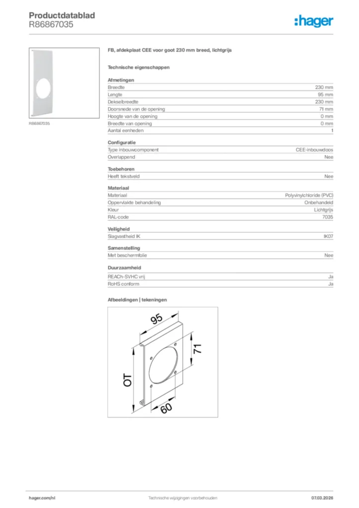 Afbeelding Hager Productdatablad R86867035 | Hager Nederland