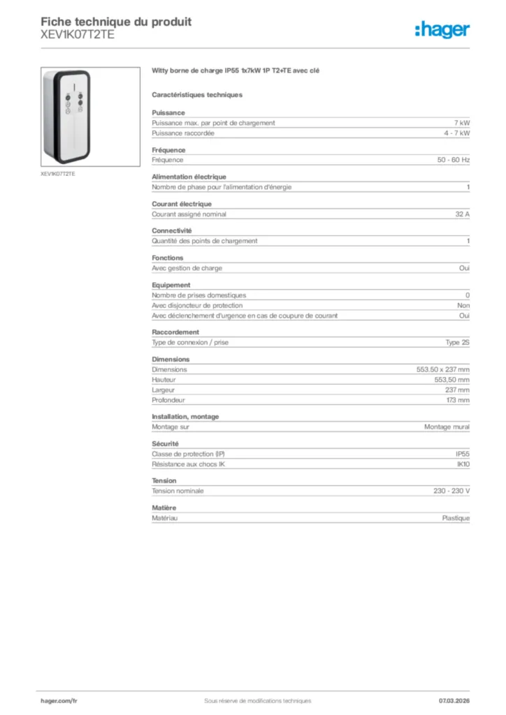 Image Hager Fiche technique du produit XEV1K07T2TE | Hager France