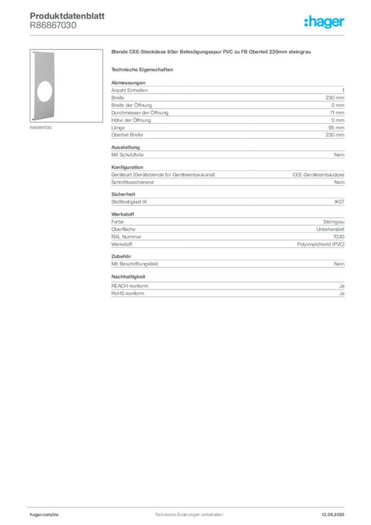 Bild Hager Produktdatenblatt R86867030 | Hager Deutschland