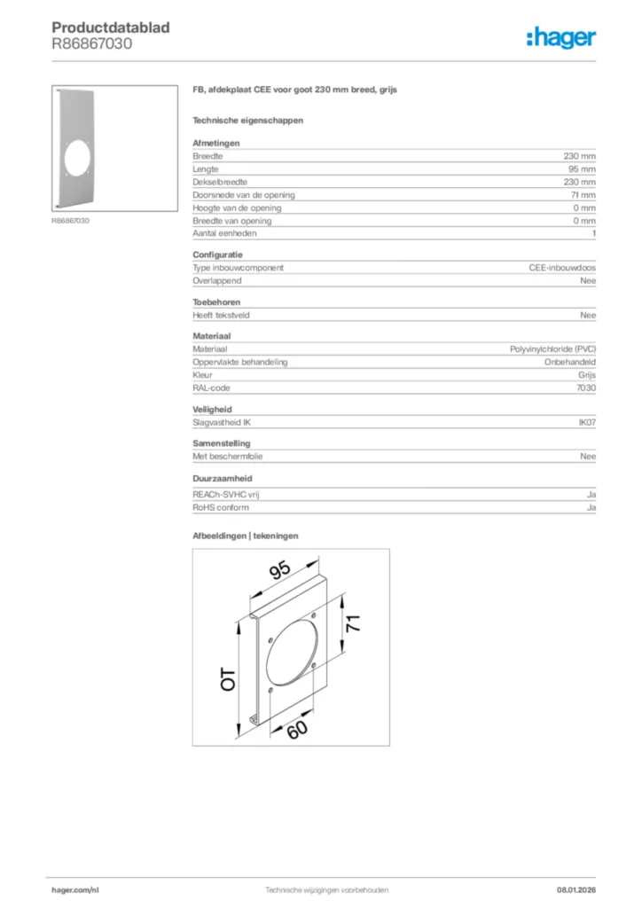 Afbeelding Hager Productdatablad R86867030 | Hager Nederland