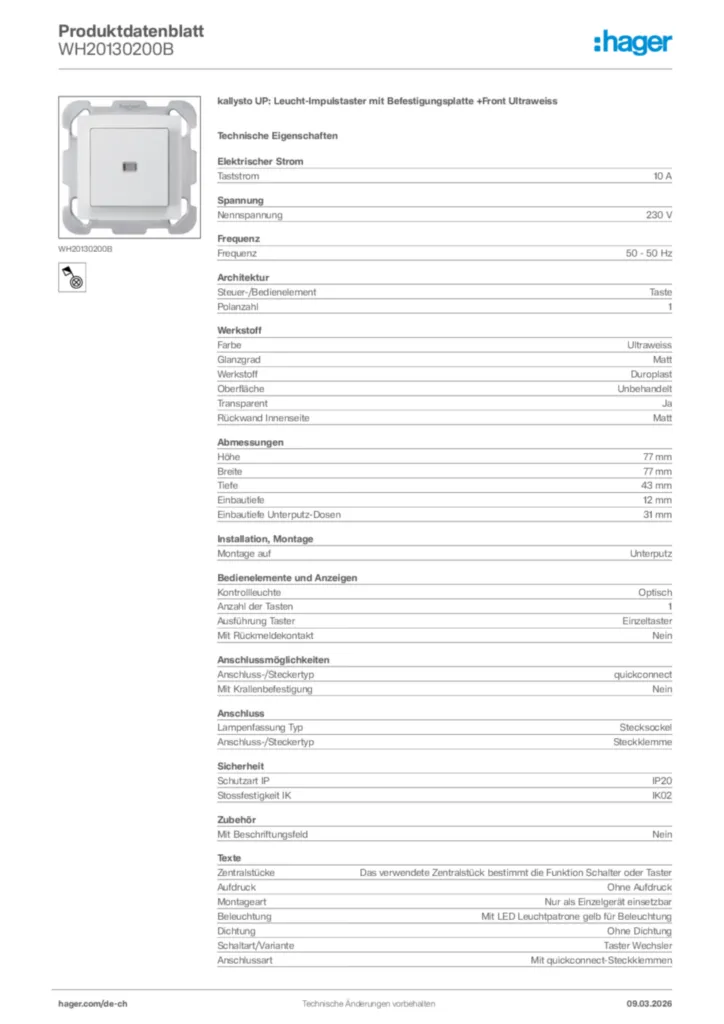 Bild Hager Produktdatenblatt WH20130200B | Hager Schweiz