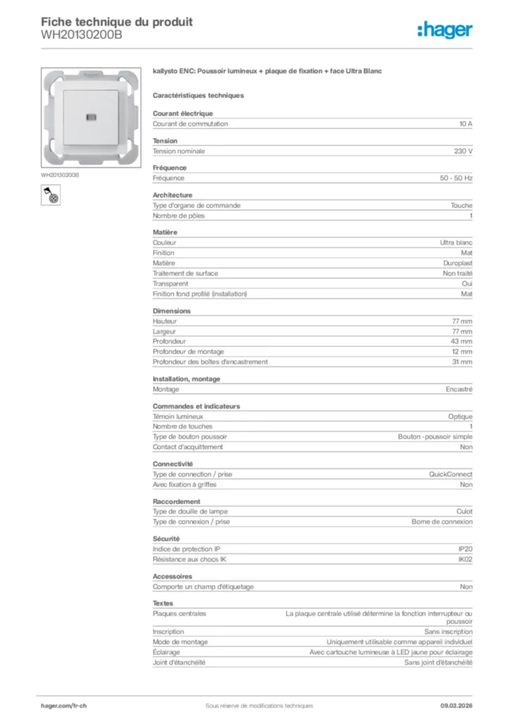 Image Hager Fiche technique du produit WH20130200B | Hager Suisse