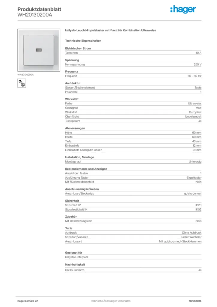 Bild Hager Produktdatenblatt WH20130200A | Hager Schweiz