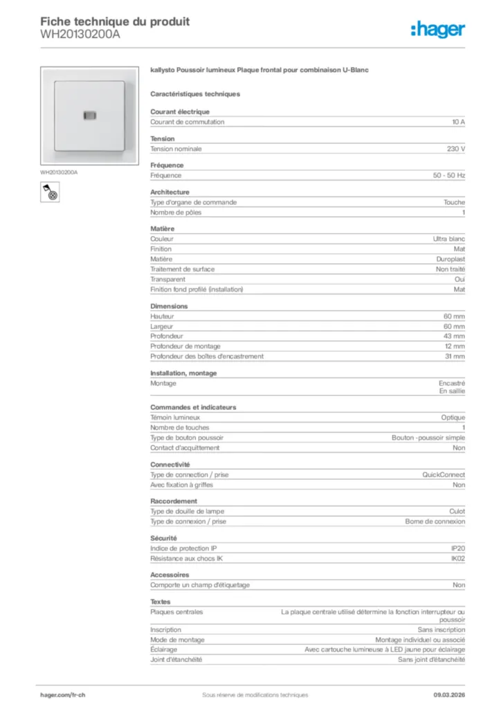 Image Hager Fiche technique du produit WH20130200A | Hager Suisse