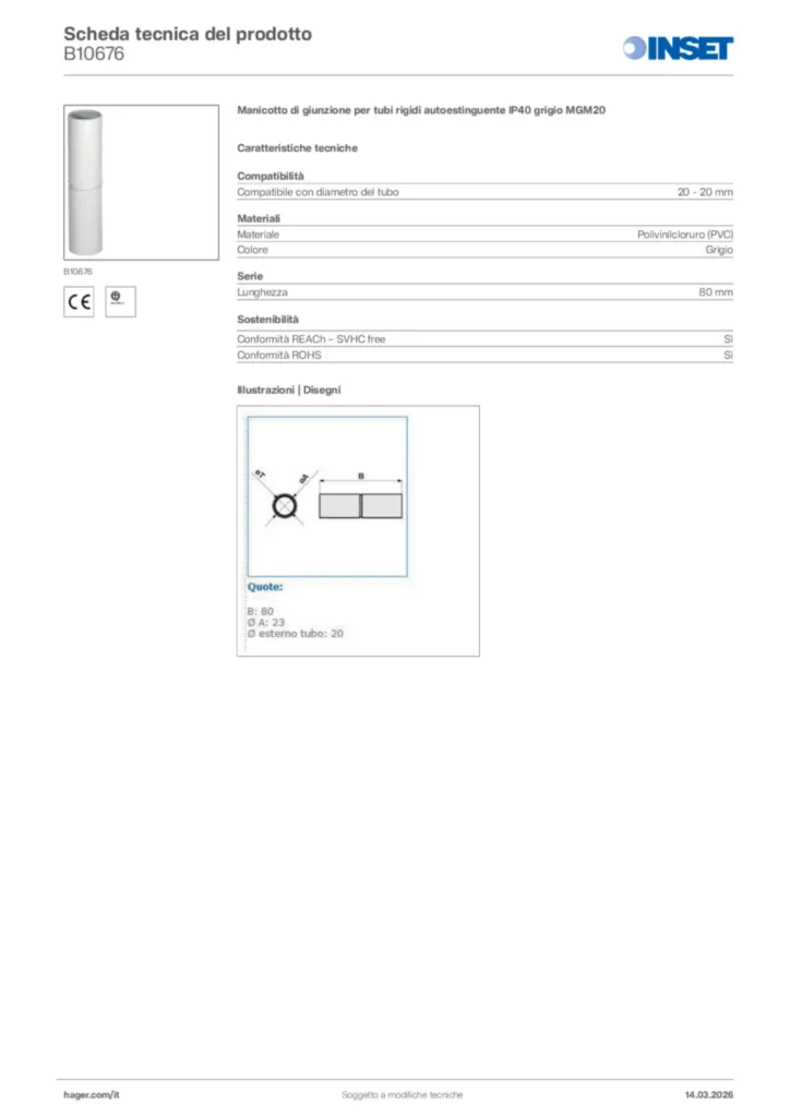 Immagine Inset Scheda tecnica del prodotto B10676 | Hager Italia