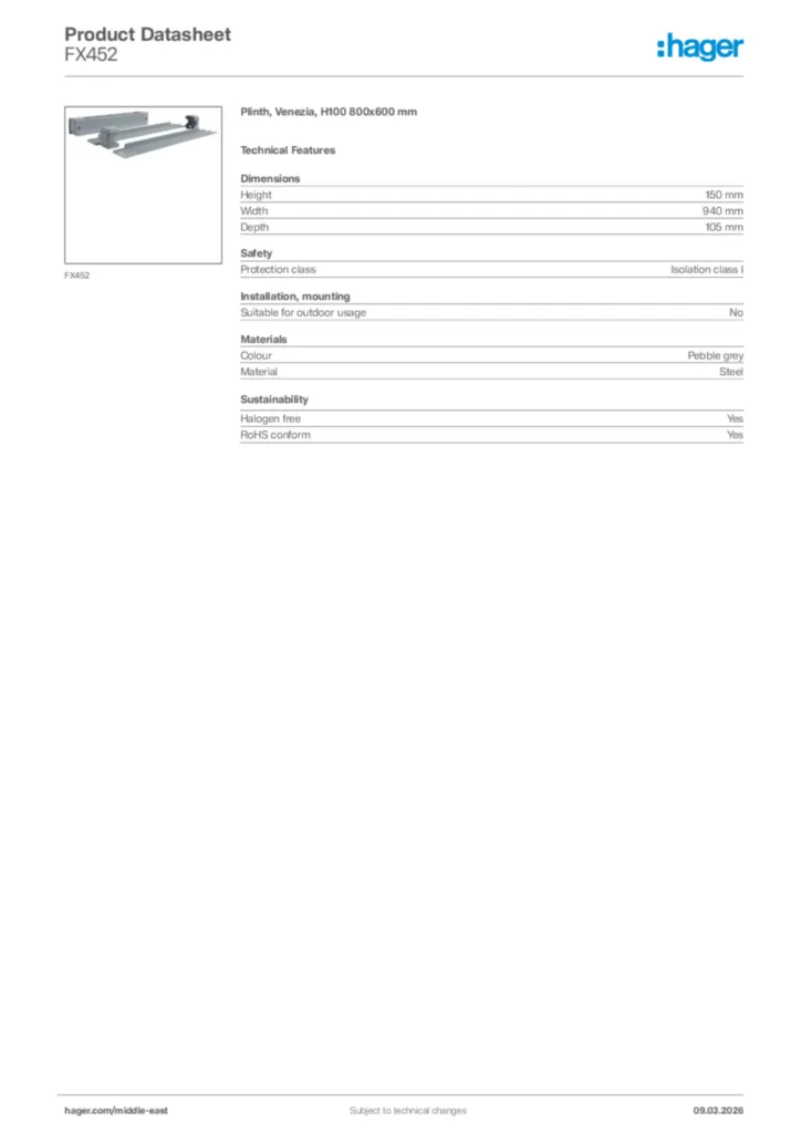 Image Hager Product data sheet FX452  | Hager