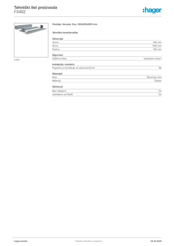 Slika Hager Tehnički list proizvoda FX452  | Hager