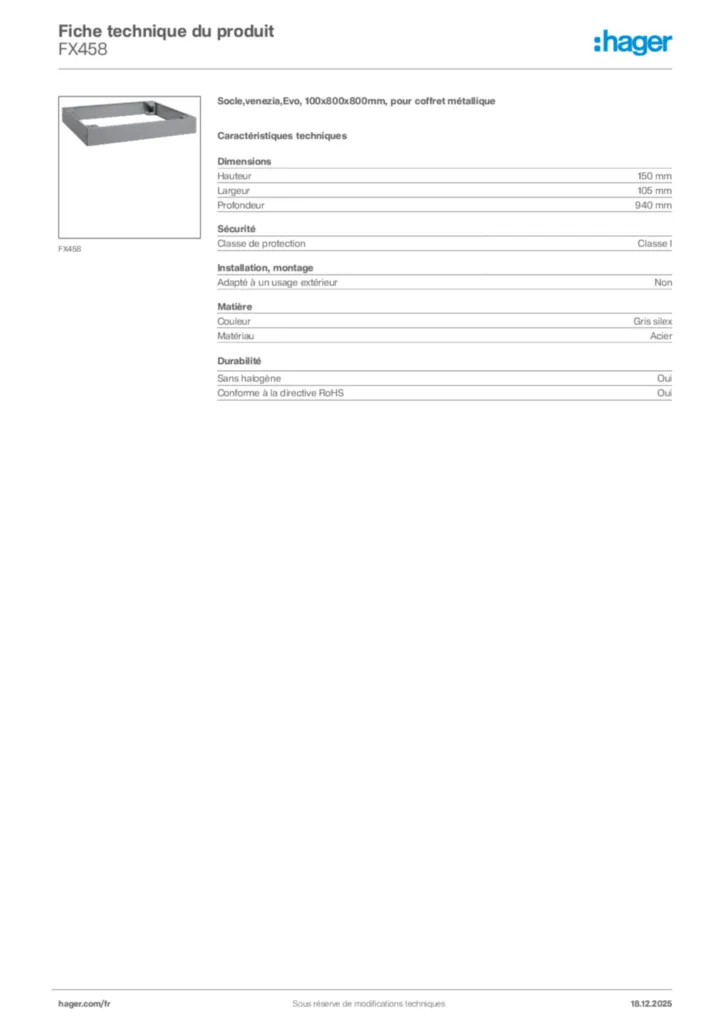 Image Hager Fiche technique du produit FX458 | Hager France