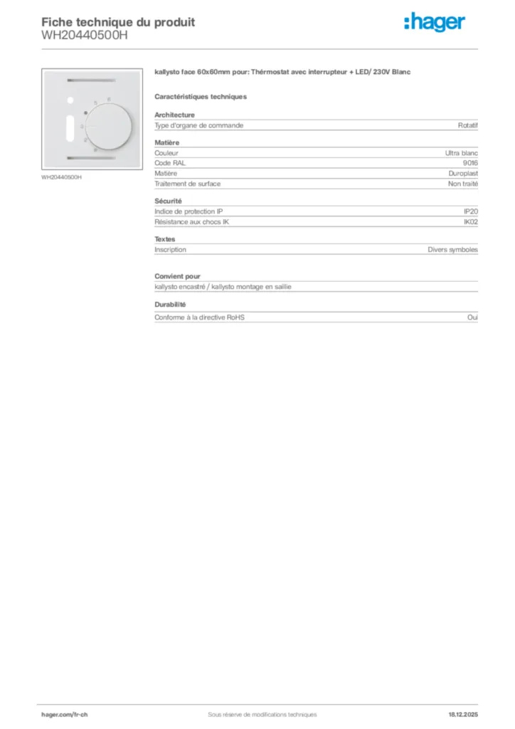 Image Hager Fiche technique du produit WH20440500H | Hager Suisse
