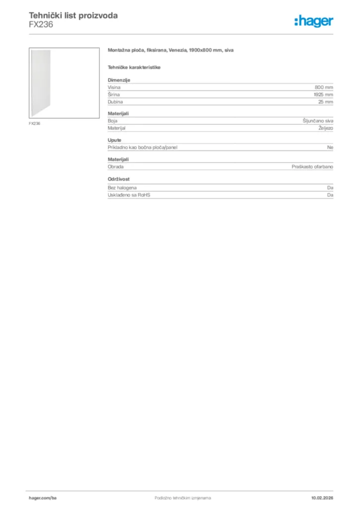 Slika Hager Tehnički list proizvoda FX236  | Hager