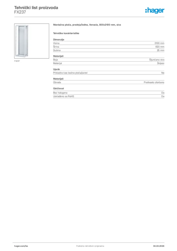 Slika Hager Tehnički list proizvoda FX237  | Hager