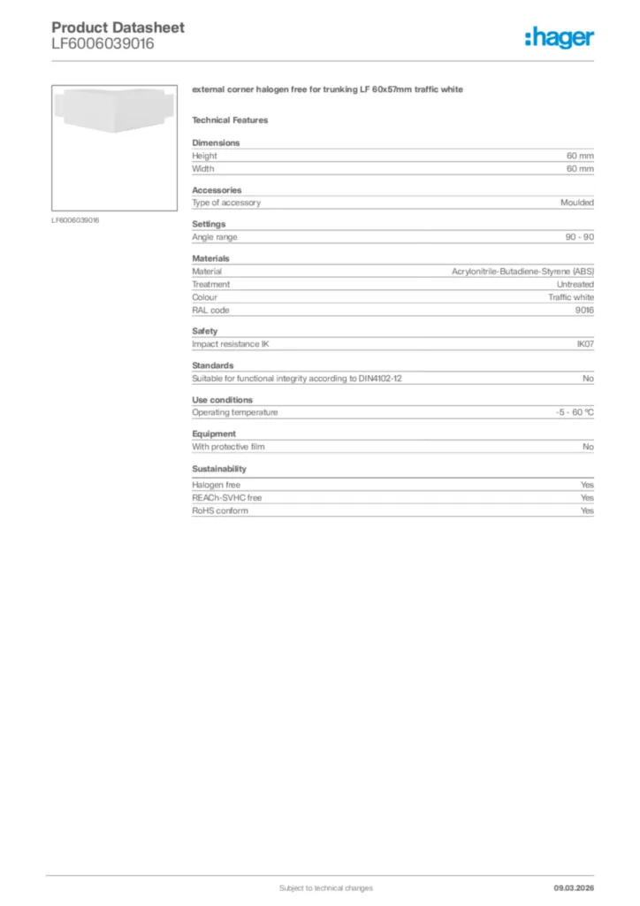 Image Hager Product data sheet LF6006039016  | Hager Africa
