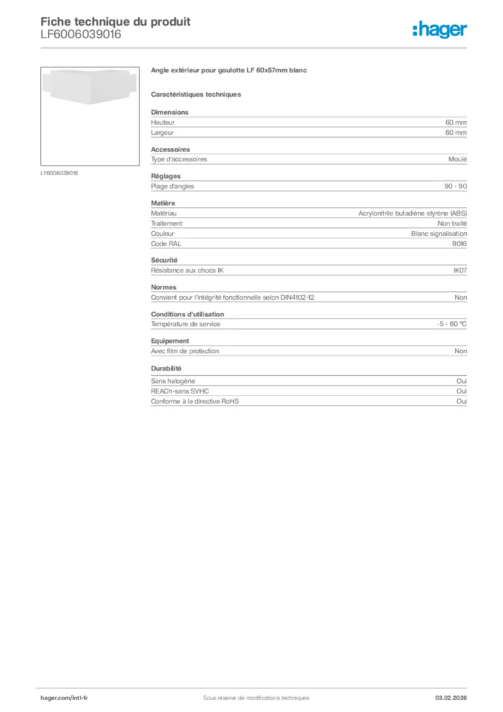 Image Hager Fiche technique du produit LF6006039016 | Hager Afrique