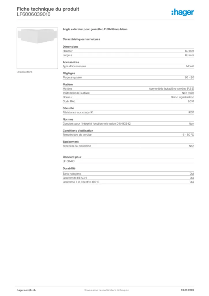 Image Hager Fiche technique du produit LF6006039016 | Hager Suisse