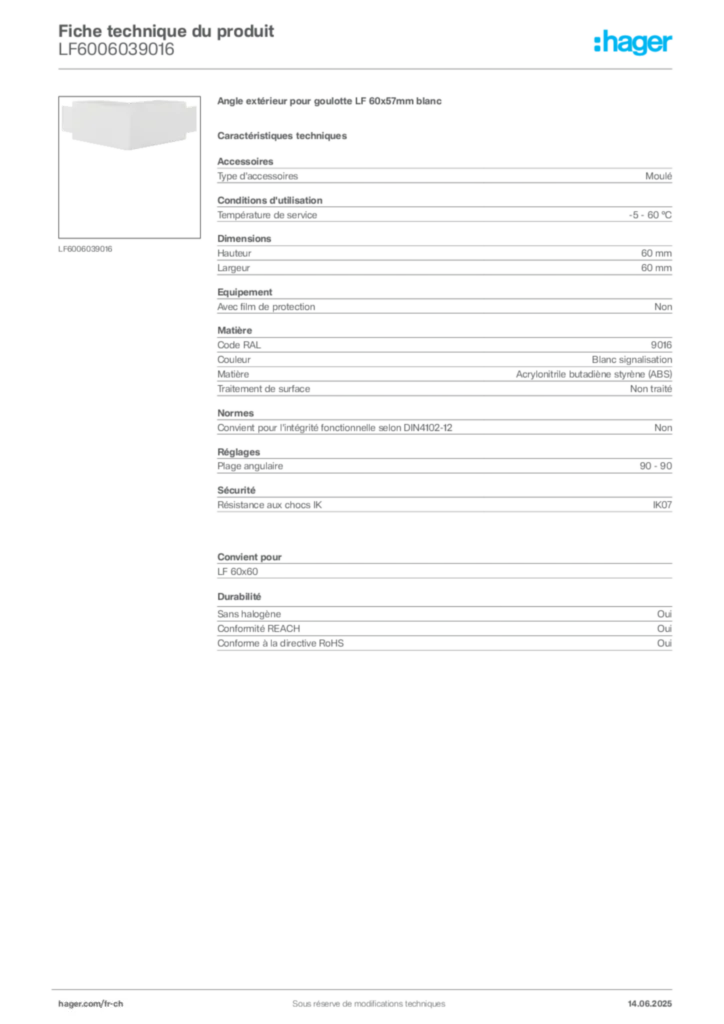 Image Hager Fiche technique du produit LF6006039016 | Hager Suisse