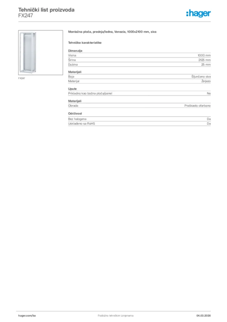 Slika Hager Tehnički list proizvoda FX247  | Hager