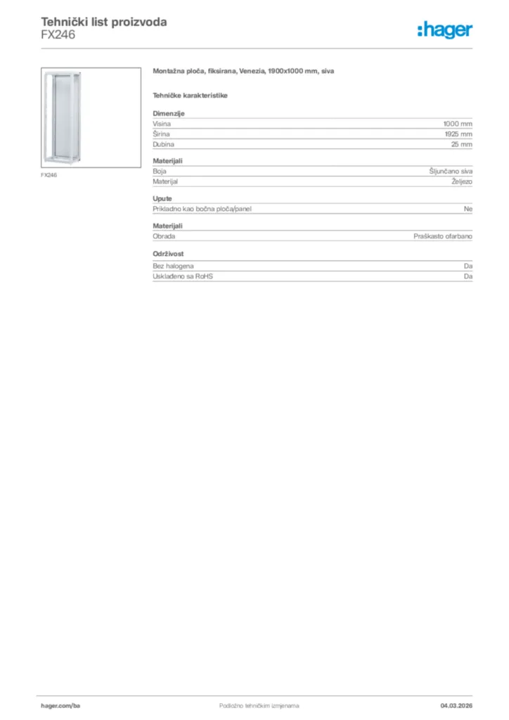 Slika Hager Tehnički list proizvoda FX246  | Hager