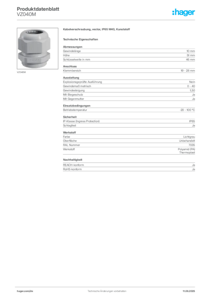 Hager Produktdatenblatt VZ040M