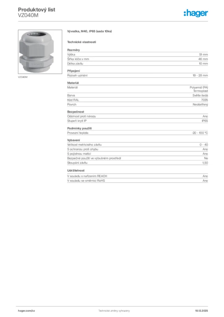 Obrázek Hager Produktový list VZ040M | Hager