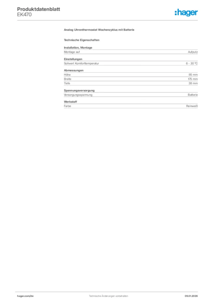 Bild Hager Produktdatenblatt EK470 | Hager Deutschland