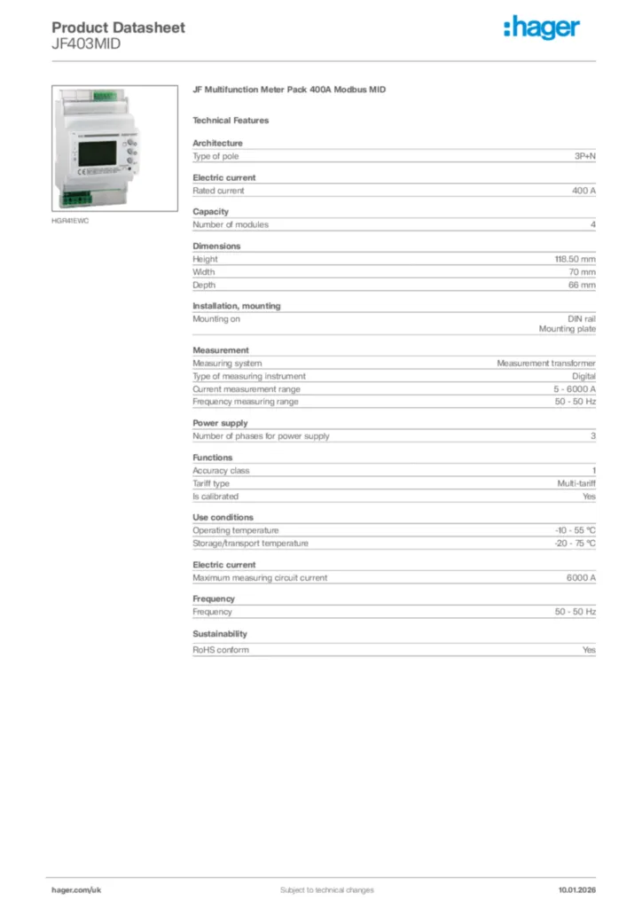 Image Hager Product data sheet JF403MID  | Hager
