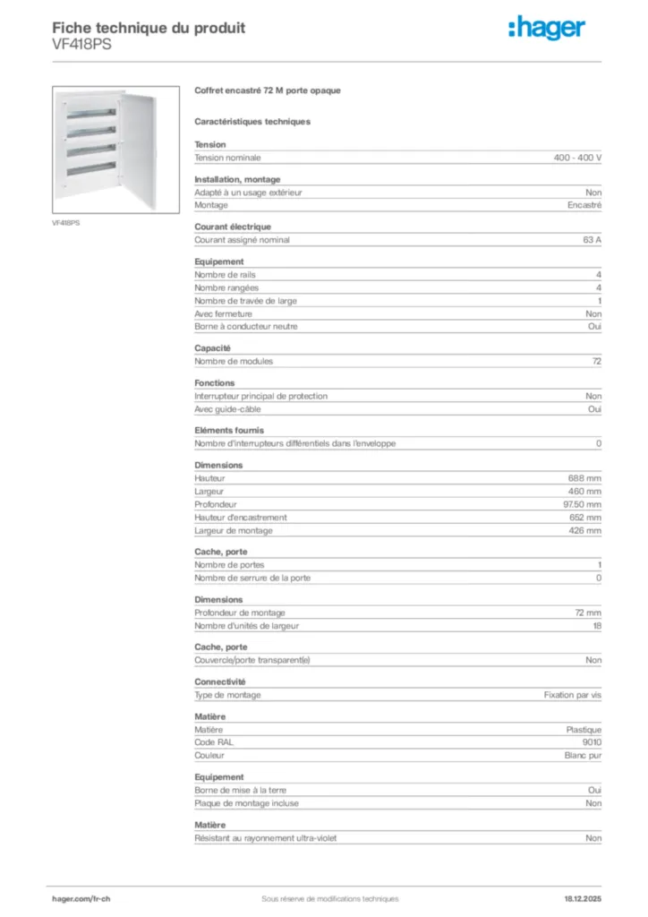 Image Hager Fiche technique du produit VF418PS | Hager Suisse