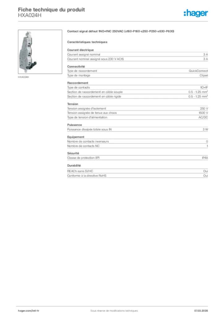 Image Hager Fiche technique du produit HXA024H | Hager Afrique