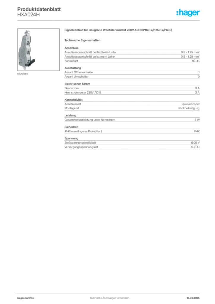 Hager Produktdatenblatt HXA024H