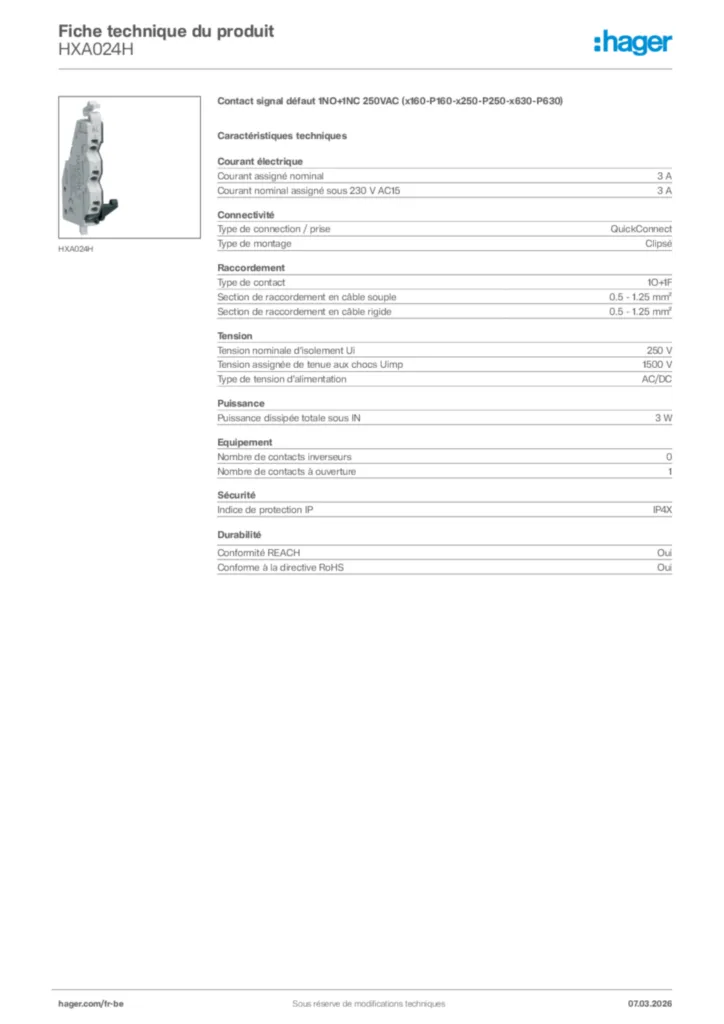 Image Hager Fiche technique du produit HXA024H | Hager Belgique