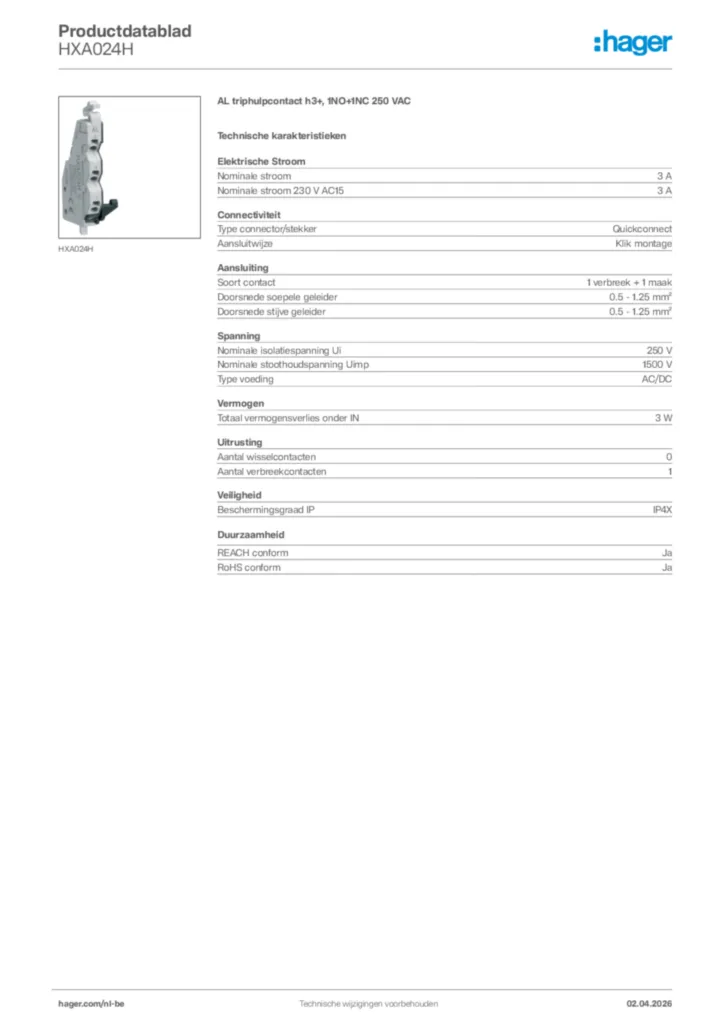 Afbeelding Hager Productdatablad HXA024H | Hager Belgium
