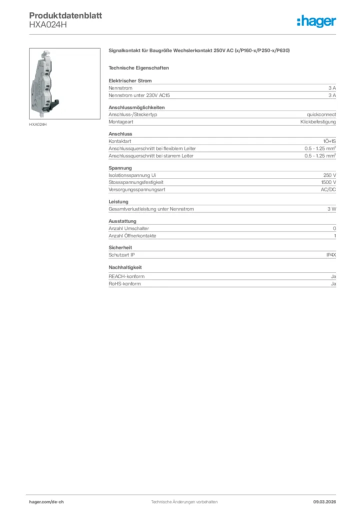 Bild Hager Produktdatenblatt HXA024H | Hager Schweiz