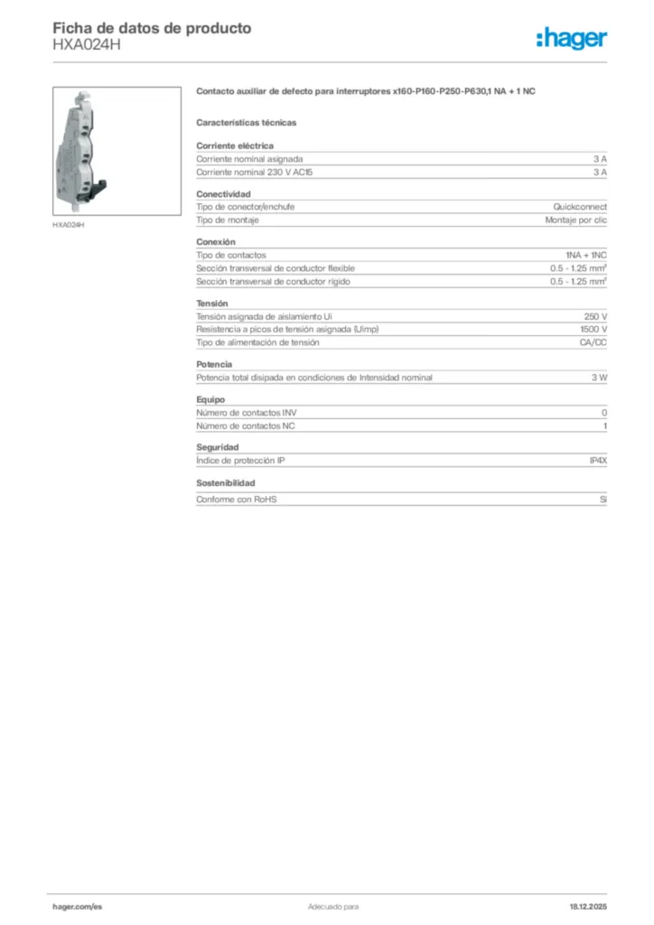 Imagen Hager Ficha de datos de producto HXA024H | Hager España