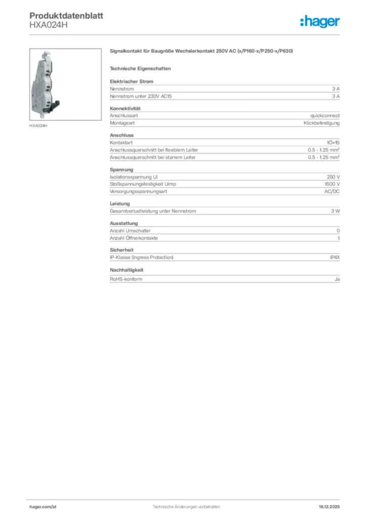 Bild Hager Produktdatenblatt HXA024H | Hager Deutschland