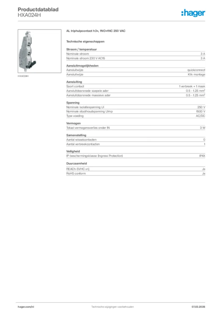 Afbeelding Hager Productdatablad HXA024H | Hager Nederland