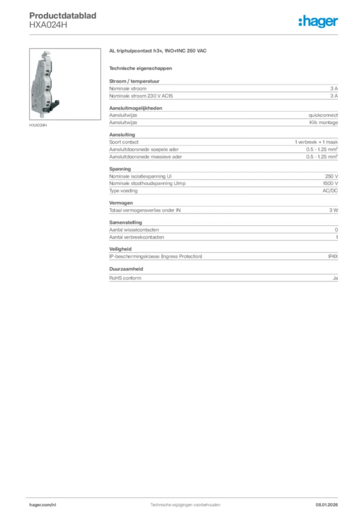 Afbeelding Hager Productdatablad HXA024H | Hager Nederland