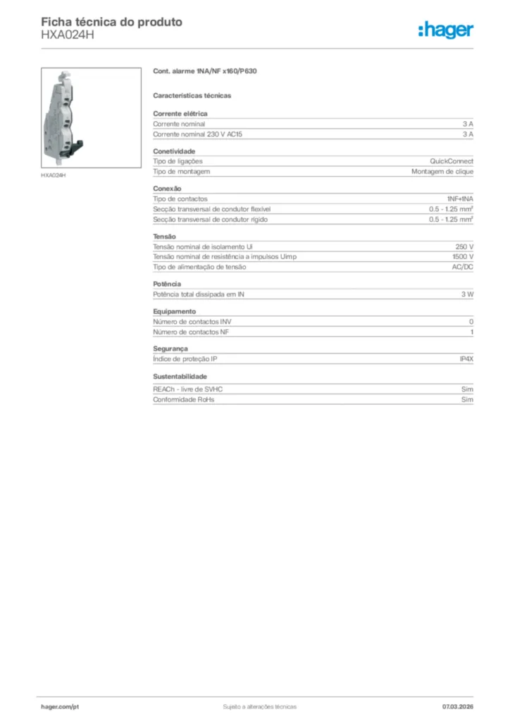 Imagem Hager Ficha técnica do produto HXA024H | Hager Portugal