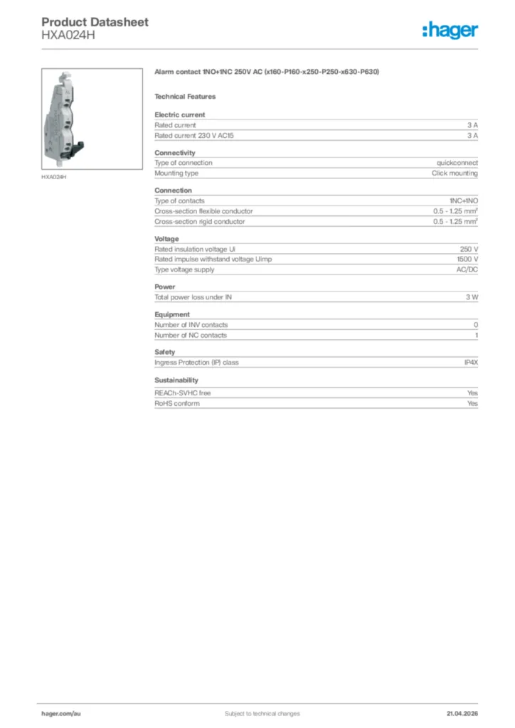 Image Hager Product data sheet HXA024H  | Hager Australia