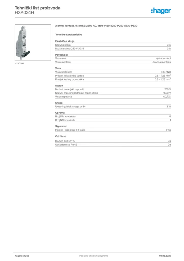 Slika Hager Tehnički list proizvoda HXA024H  | Hager