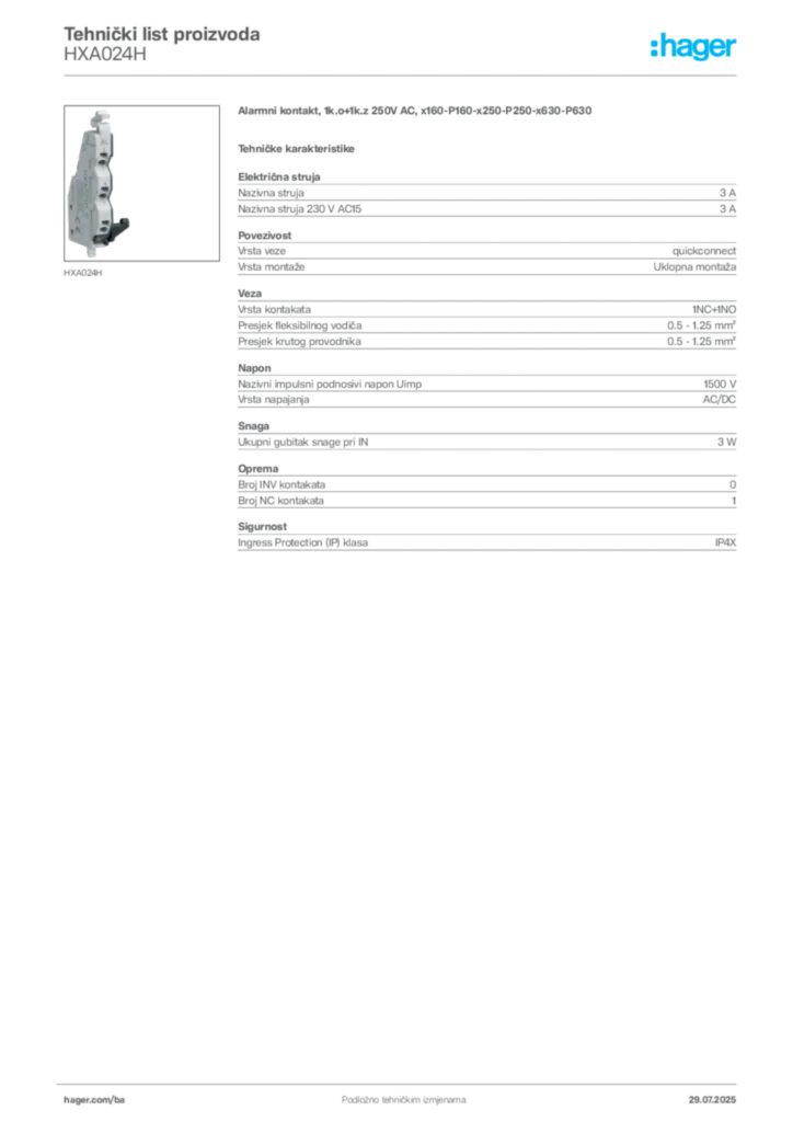 Slika Hager Product data sheet HXA024H  | Hager