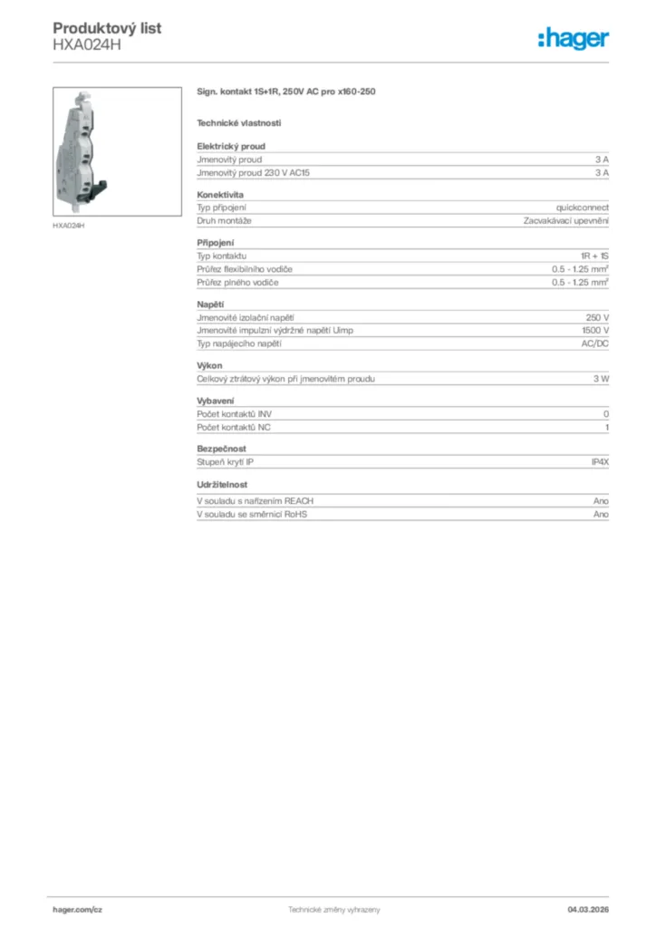 Obrázek Hager Product data sheet HXA024H | Hager