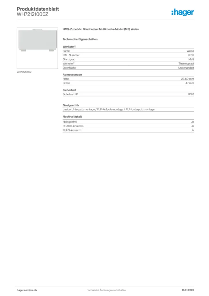 Bild Hager Produktdatenblatt WH72121000Z | Hager Schweiz