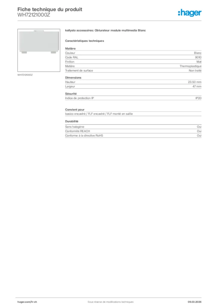 Image Hager Fiche technique du produit WH72121000Z | Hager Suisse