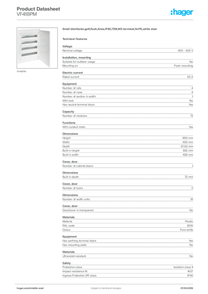 Image Hager Product data sheet VF418PM  | Hager