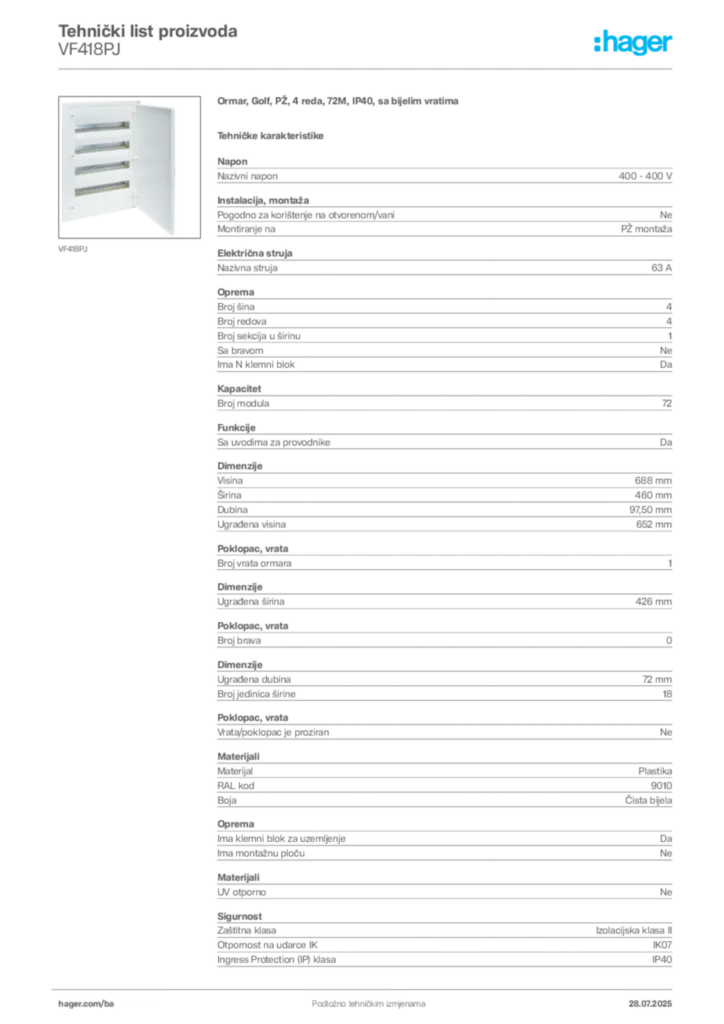 Slika Hager Product data sheet VF418PJ  | Hager