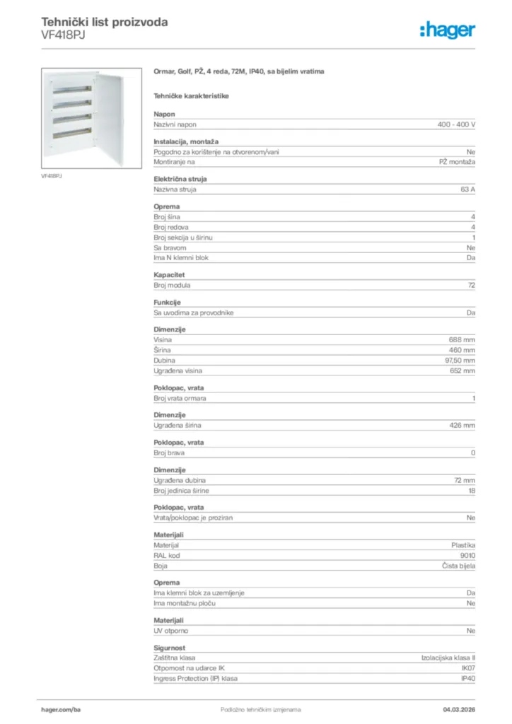 Slika Hager Tehnički list proizvoda VF418PJ  | Hager