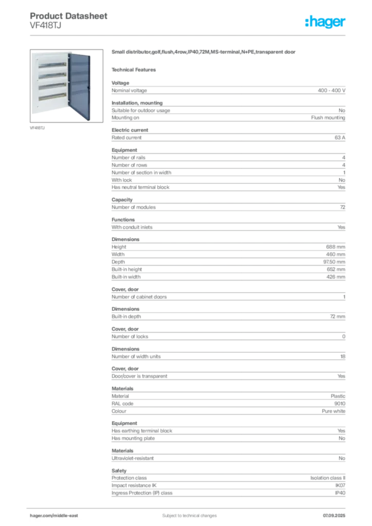 Image Hager Product data sheet VF418TJ  | Hager