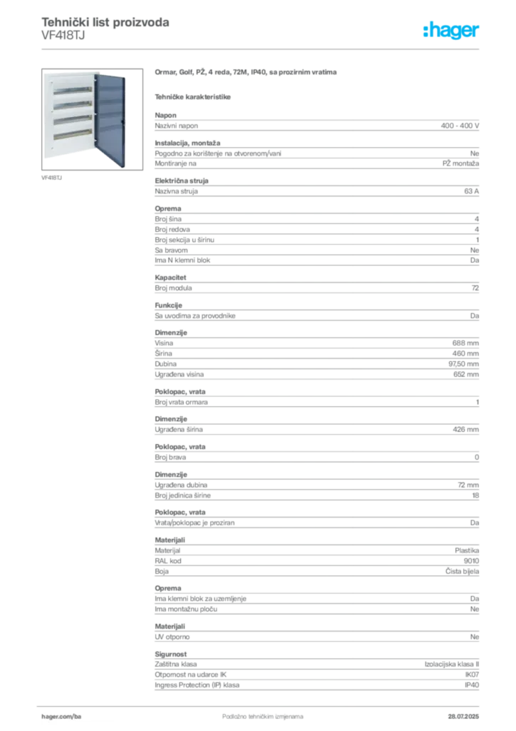 Slika Hager Product data sheet VF418TJ  | Hager