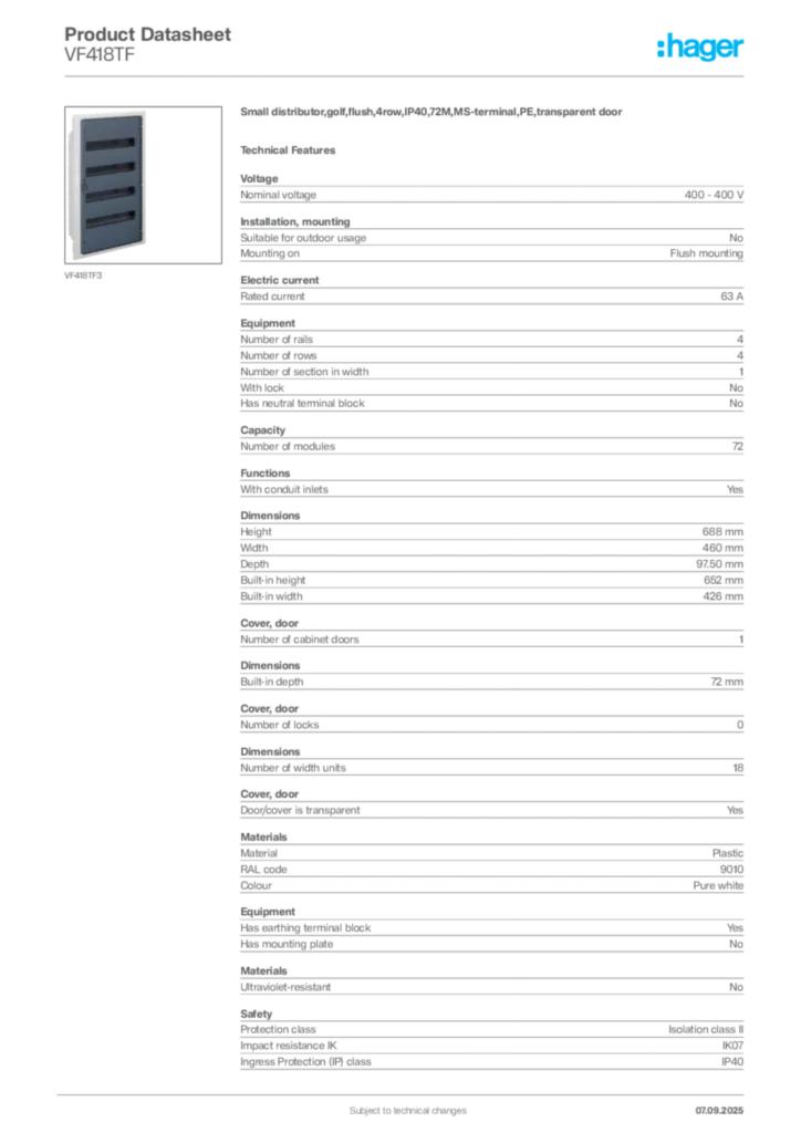 Image Hager Product data sheet VF418TF  | Hager